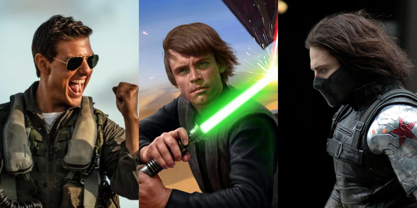 Split image showing Maverick, Luke Skywalker and Bucky Barnes