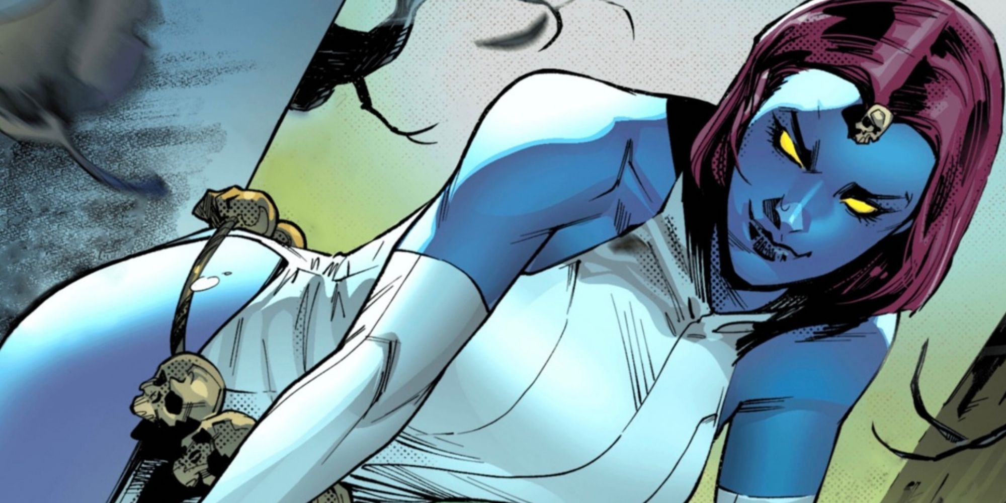 Mystique in X-Men getting up from the ground after a fight.