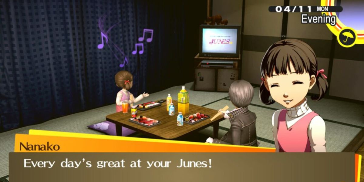 Nanako sings the Junes jingle while watching a commercial during dinner in Persona 4 Golden