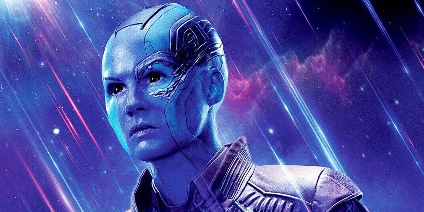 Karen Gillan as Nebula in an Avengers: Endgame poster with blue and purple background.