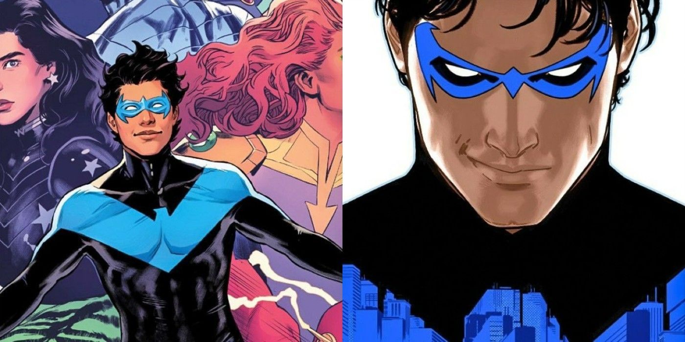 Split image of Nightwing smiling, with faded images of his teammates behind him and of Nightwing smirking as he looks over Bludhaven in DC Comics