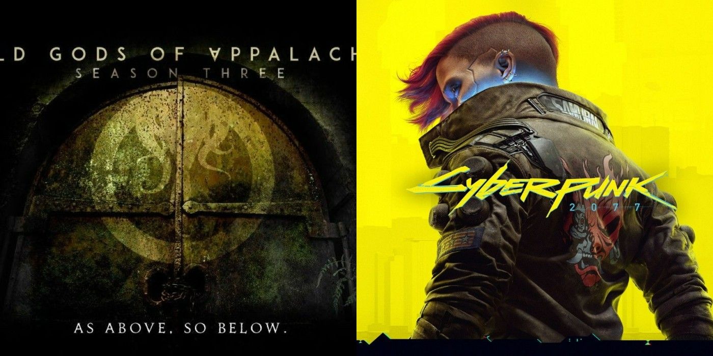 A split image of the cover art for Old Gods of Appalachia and of Female V from Cyberpunk 2077