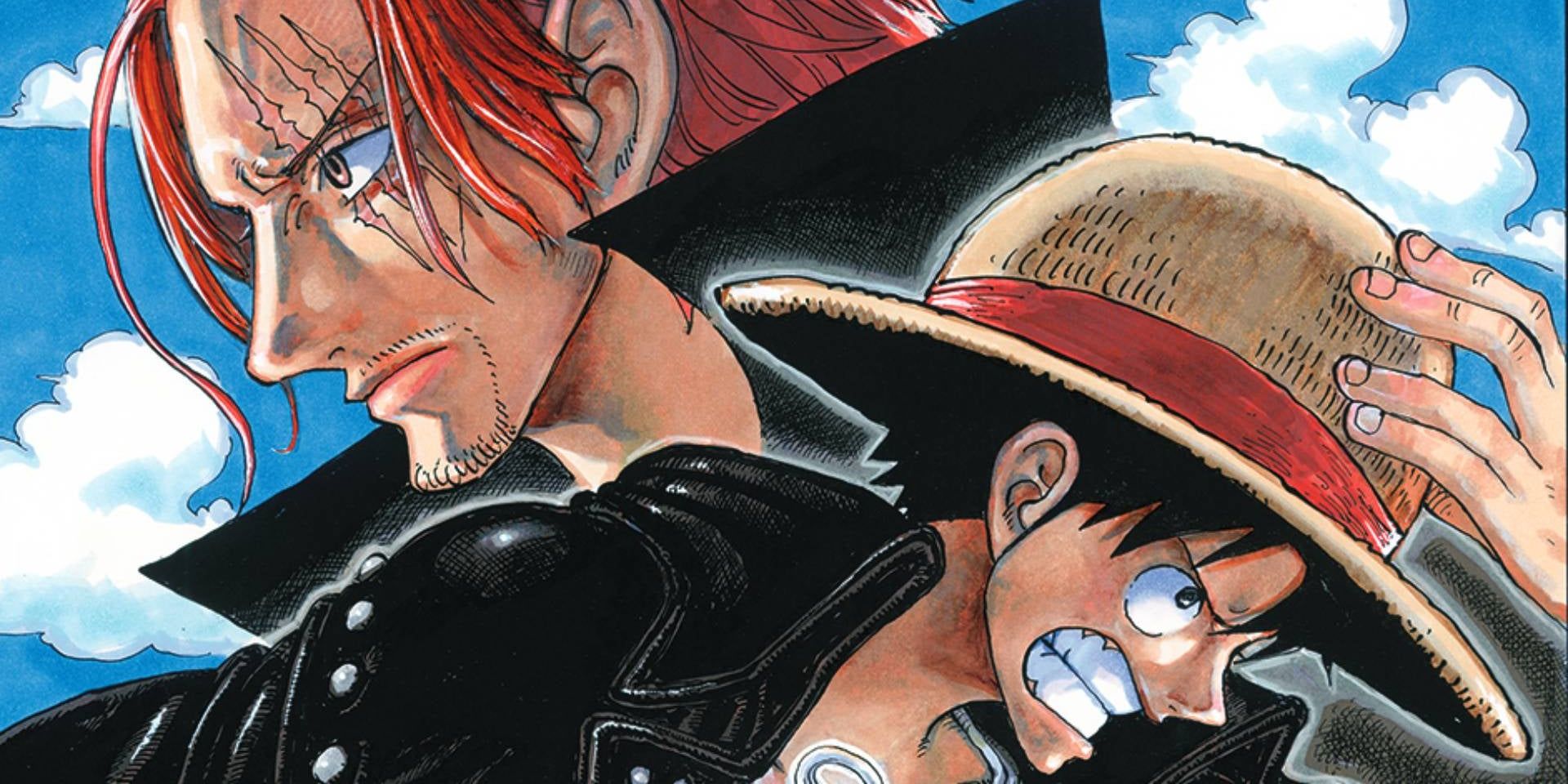 Angry Luffy reaching for his hat in front of a somber Shanks in One Piece Film Red poster