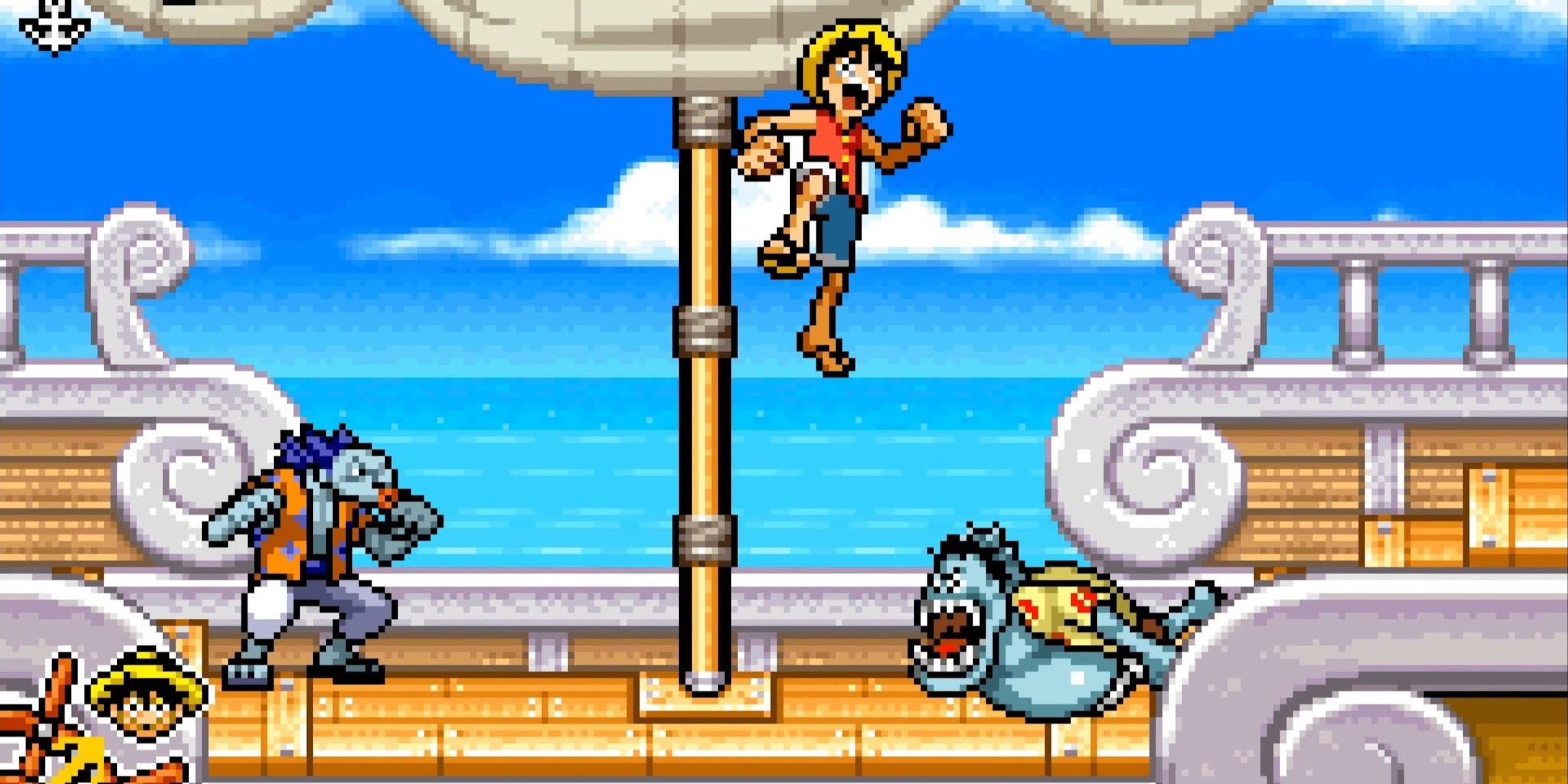 Luffy jumping atop a ship in the One Piece (2005) game for the Gameboy Advance