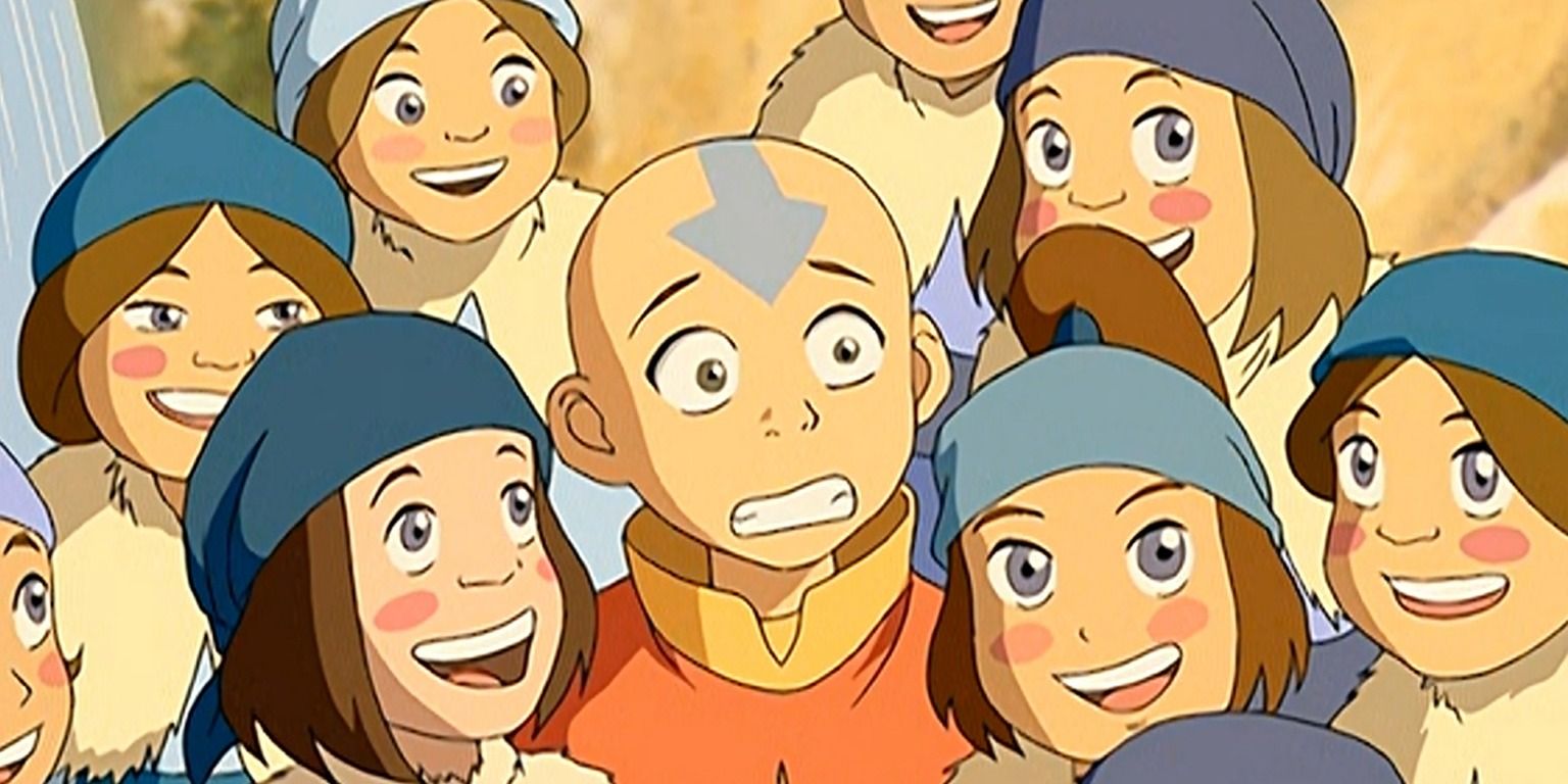 Aang cercado por garotas em Os Guerreiros de Kyoshi, ATLA.