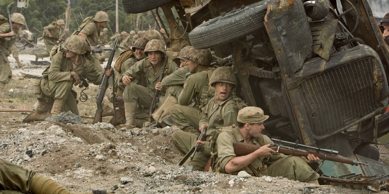 Soldiers are ready for battle in a scene from HBO's The Pacific.