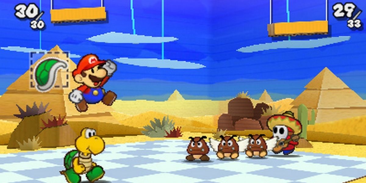 Mario fights a Koopa in Paper Mario: Sticker Star for Nintendo 3DS
