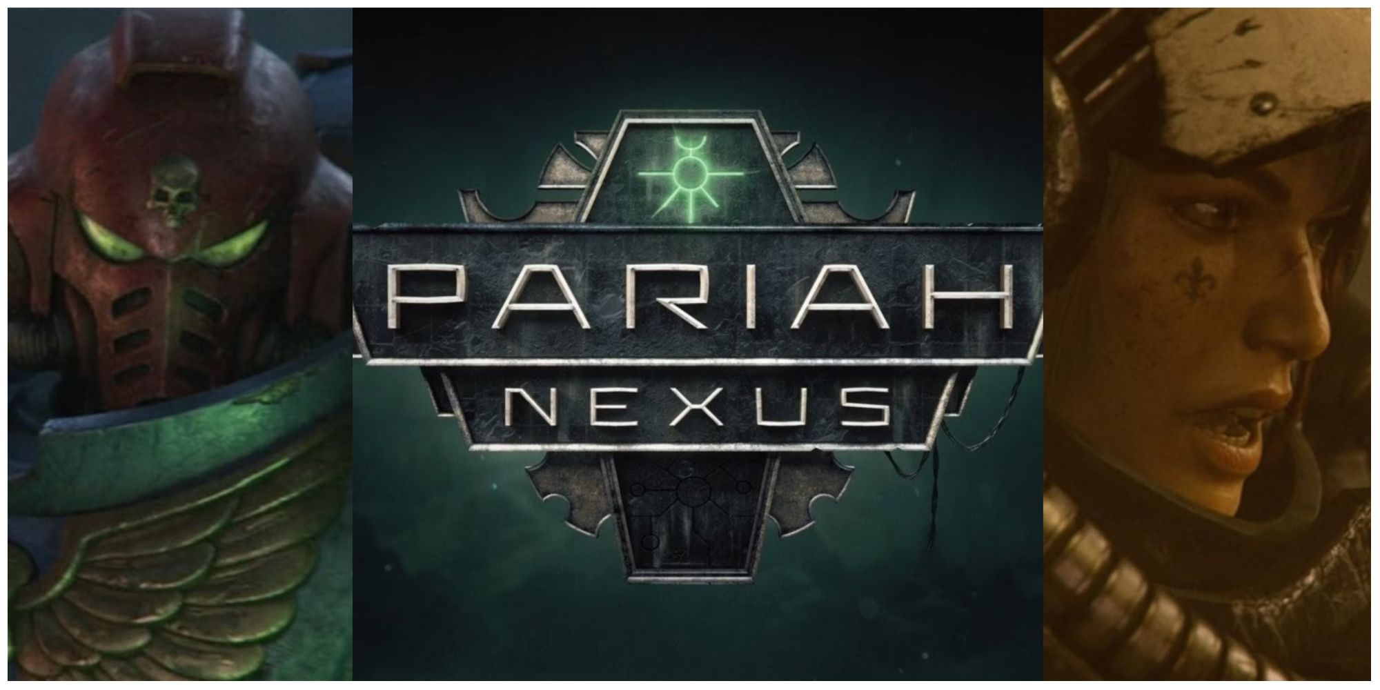 A split image of a Space Marine, Sister of Battle, and the Warhammer 40K Pariah Nexus logo