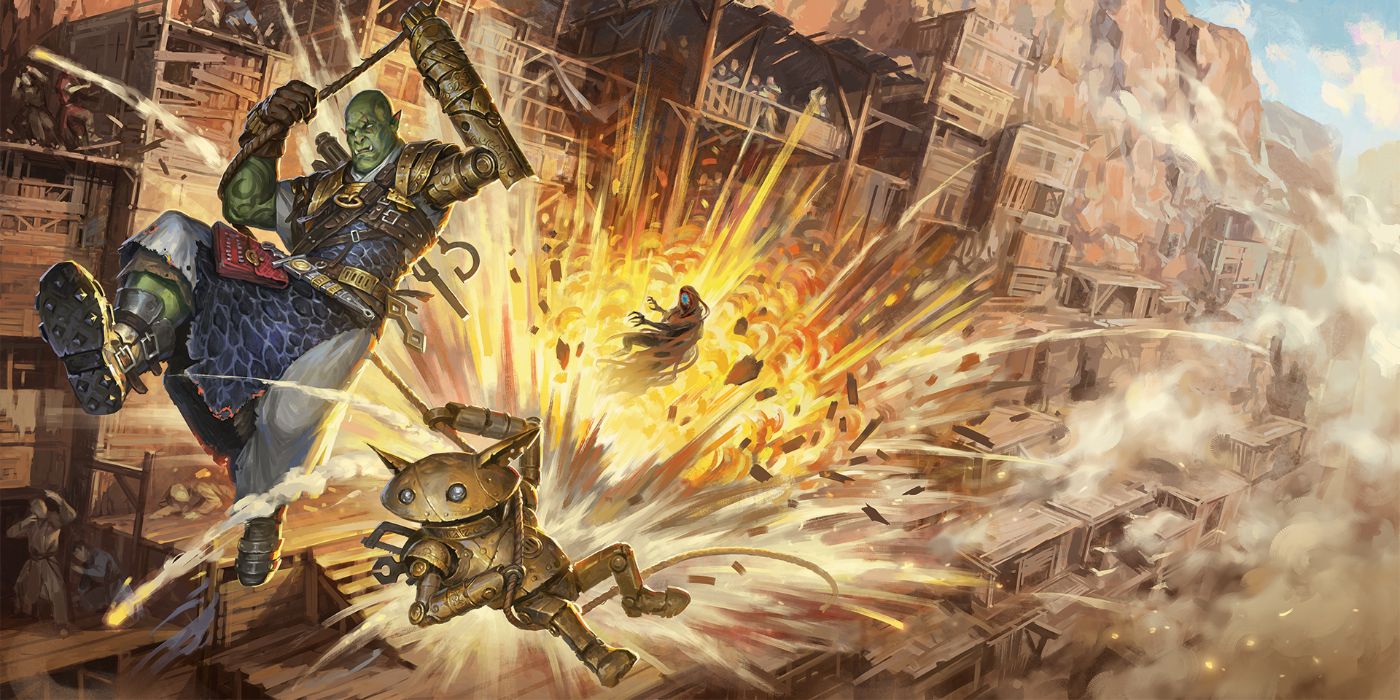 An orc and small construct swinging away from an explosion on the cover of Pathfinder 2e Outlaws of Alkenstar Adventure Path
