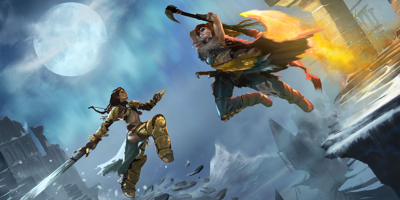 A pair of warriors leaping at one another across an icy field in Pathfinder 2e Quest for the Frozen Flame Adventure Path