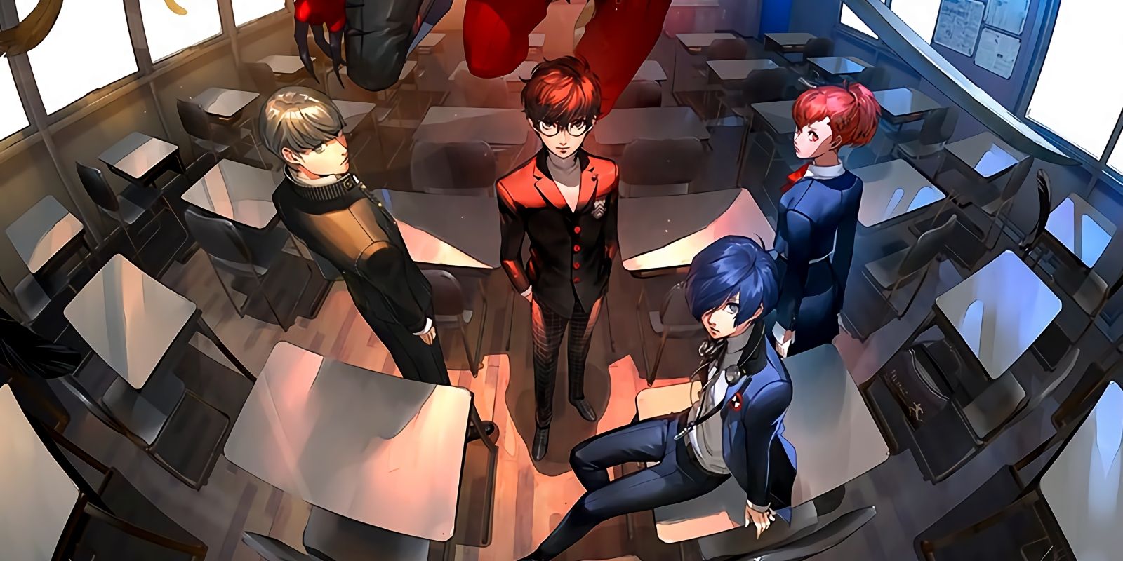 official artwork of the main character's of Persona 3, Persona 4, and Persona 5, including P3P's female protagonist