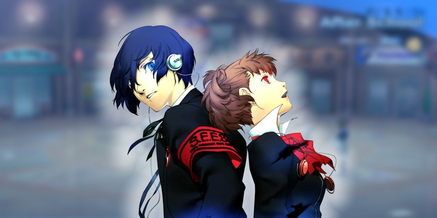 Persona 3 male and female protagonist in front of Paulownia Mall