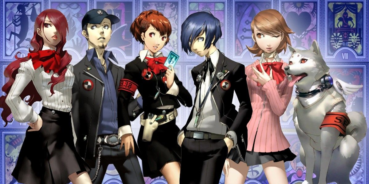 The Judgement Arcana Nyx Execution Squad Members Mitsuru, Junpei, Yukari, Koromaru, and the male and female protagonists in Persona 3 Portable