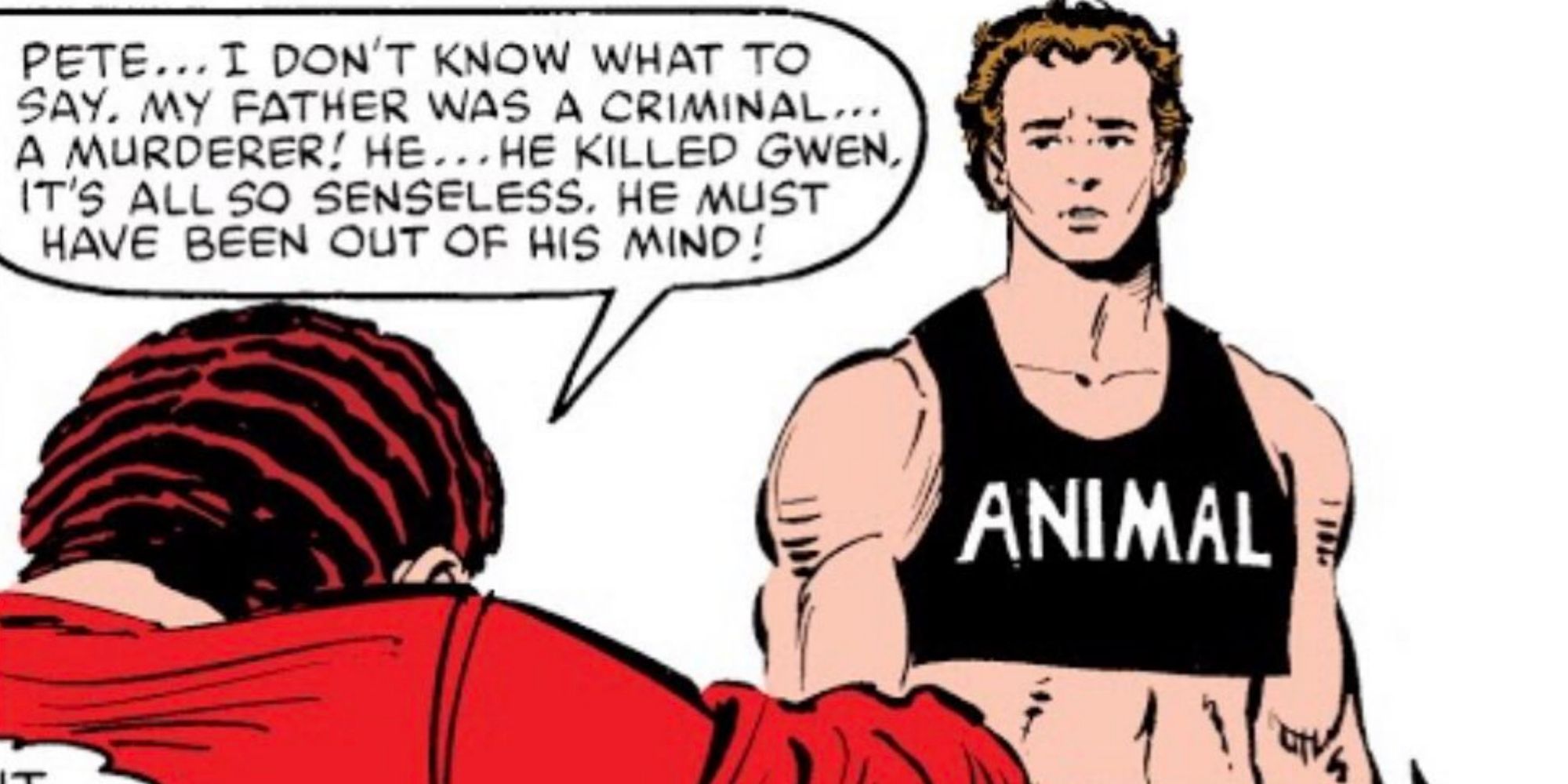 Peter Parker in Spider-Man wearing "Animal" crop top in Marvel Comics