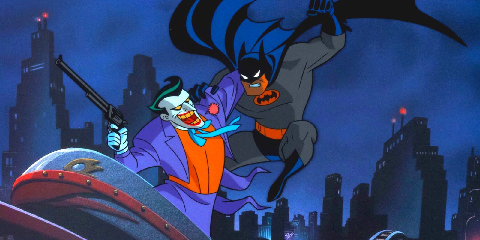 Batman and The Joker fight on a roller coaster in Mask of the Phantasm