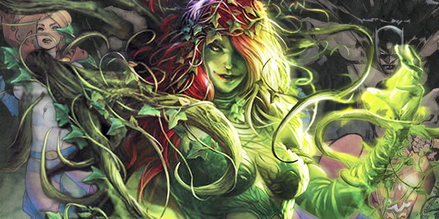 Poison Ivy smiling, surrounding by green plants in DC Comics