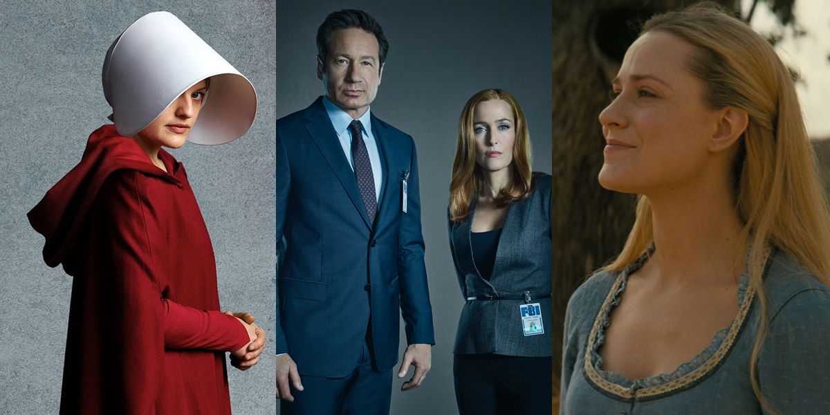 A collage of three images featuring June Osborne in The Handmaid's Tale, Mulder and Scully in The X-Files, and Dorothy from Westworld