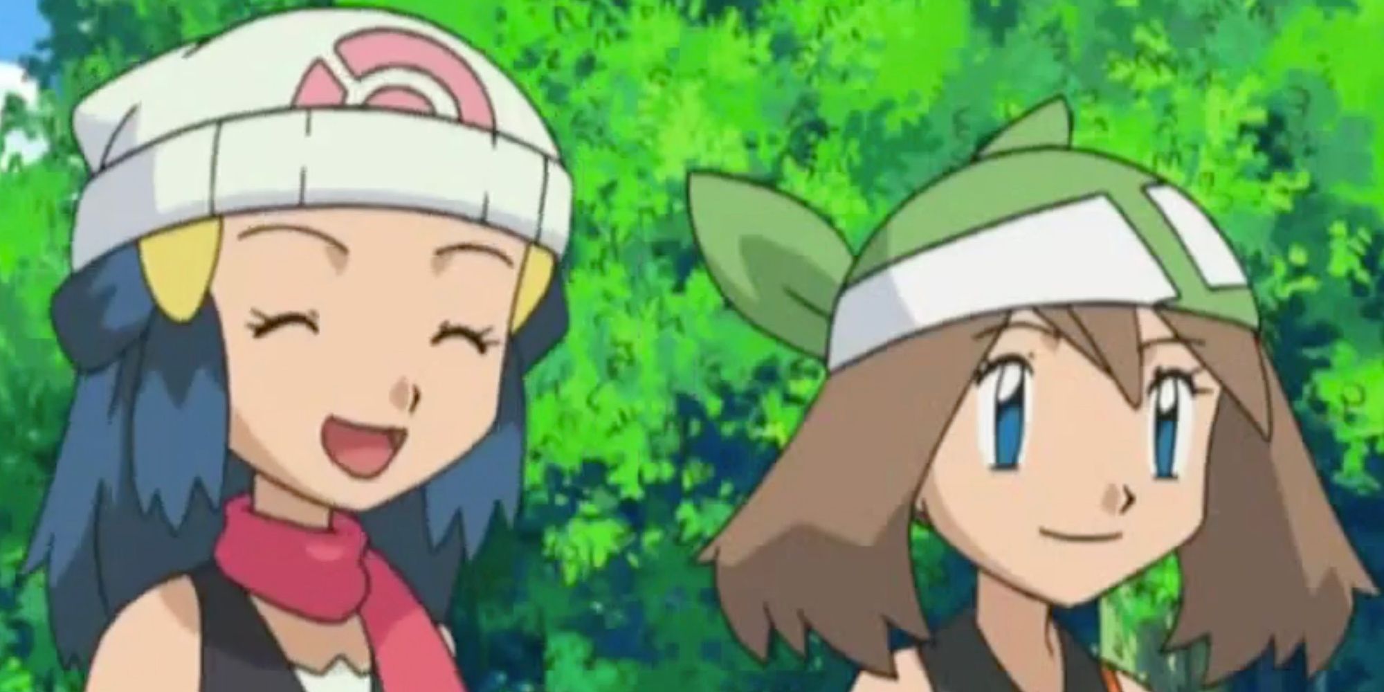 Dawn and May standing together in Pokémon.