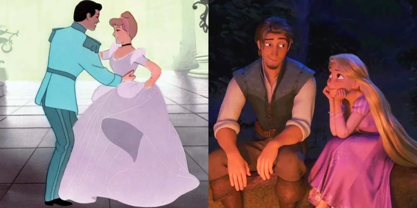 Cinderella and the Prince dancing in Disney's Cinderella and Flynn and Rapunzel sitting together in Tangled. 