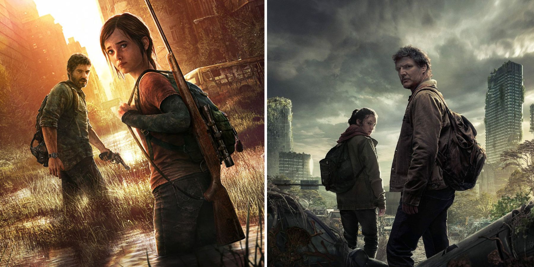 Joel and Ellie on the PS3 cover art for The Last of Us and Ellie (Bella Ramsey) and Joel (Pedro Pascal) on the poster for HBO's The Last of Us