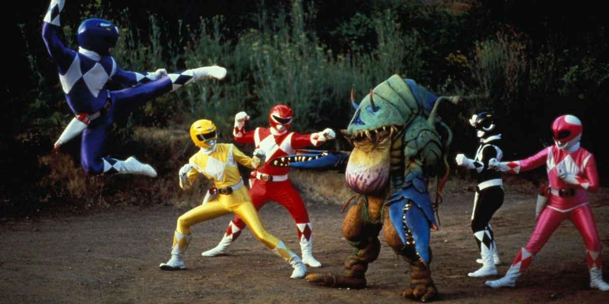 The Mighty Morphin Power Rangers fighting a random monster.