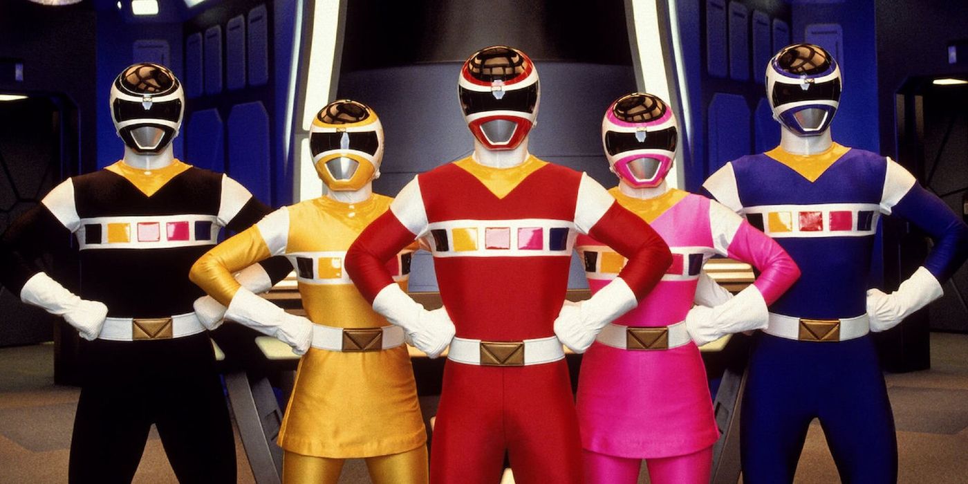 The Space Rangers, from Power Rangers In Space, pose aboard the Astro Megaship.