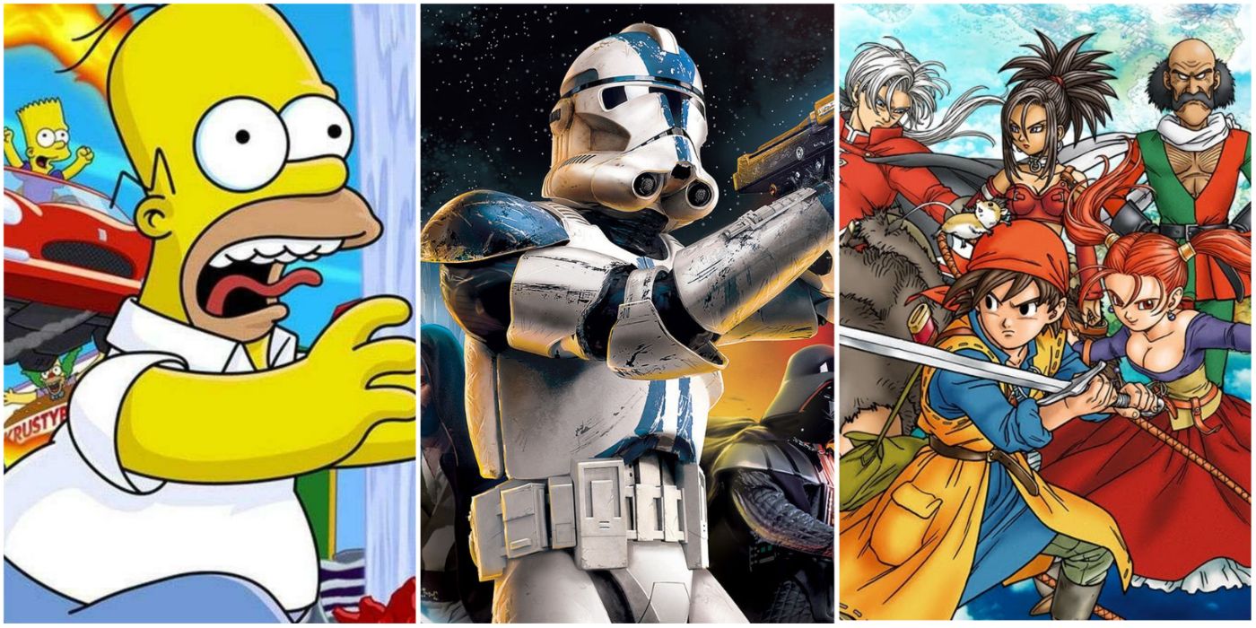 A split image showing Homer Simpson in The Simpsons: Hit and Run, a clone trooper in Star Wars: Battlefront II, and Dragon Quest VIII: Journey of the Cursed King