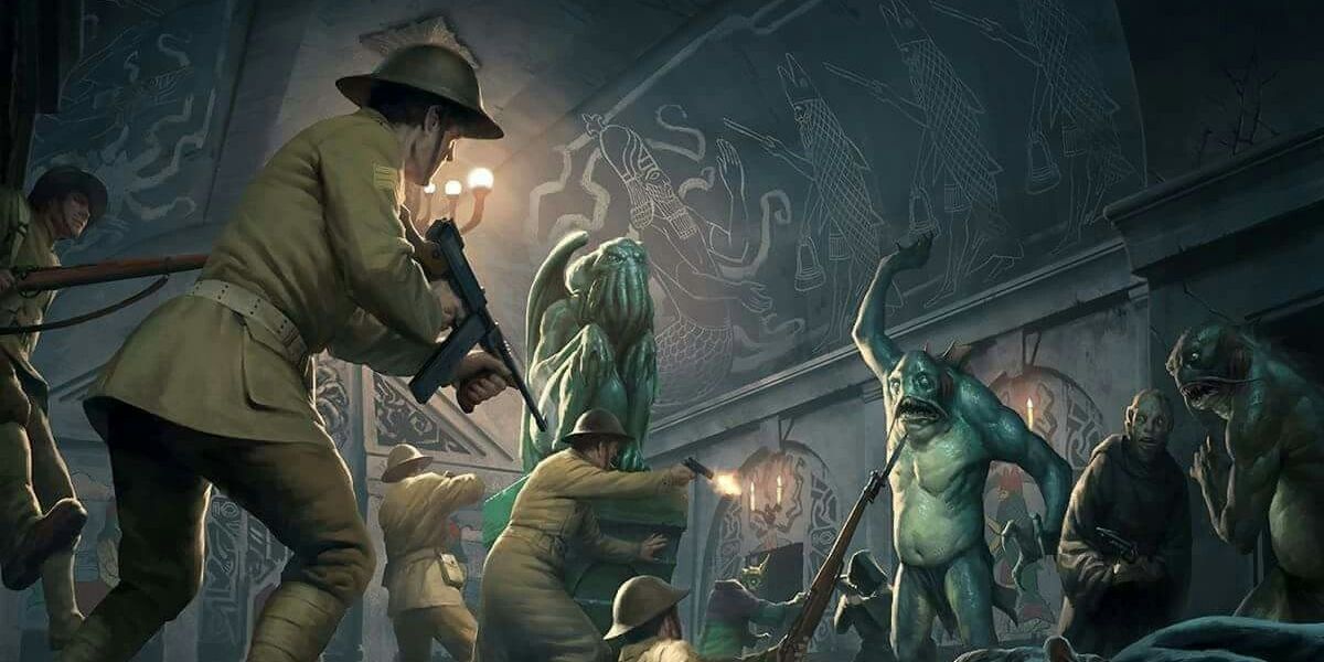 A group of Investigators gunning down monsters in Pulp Cthulhu Call of Cthulhu RPG