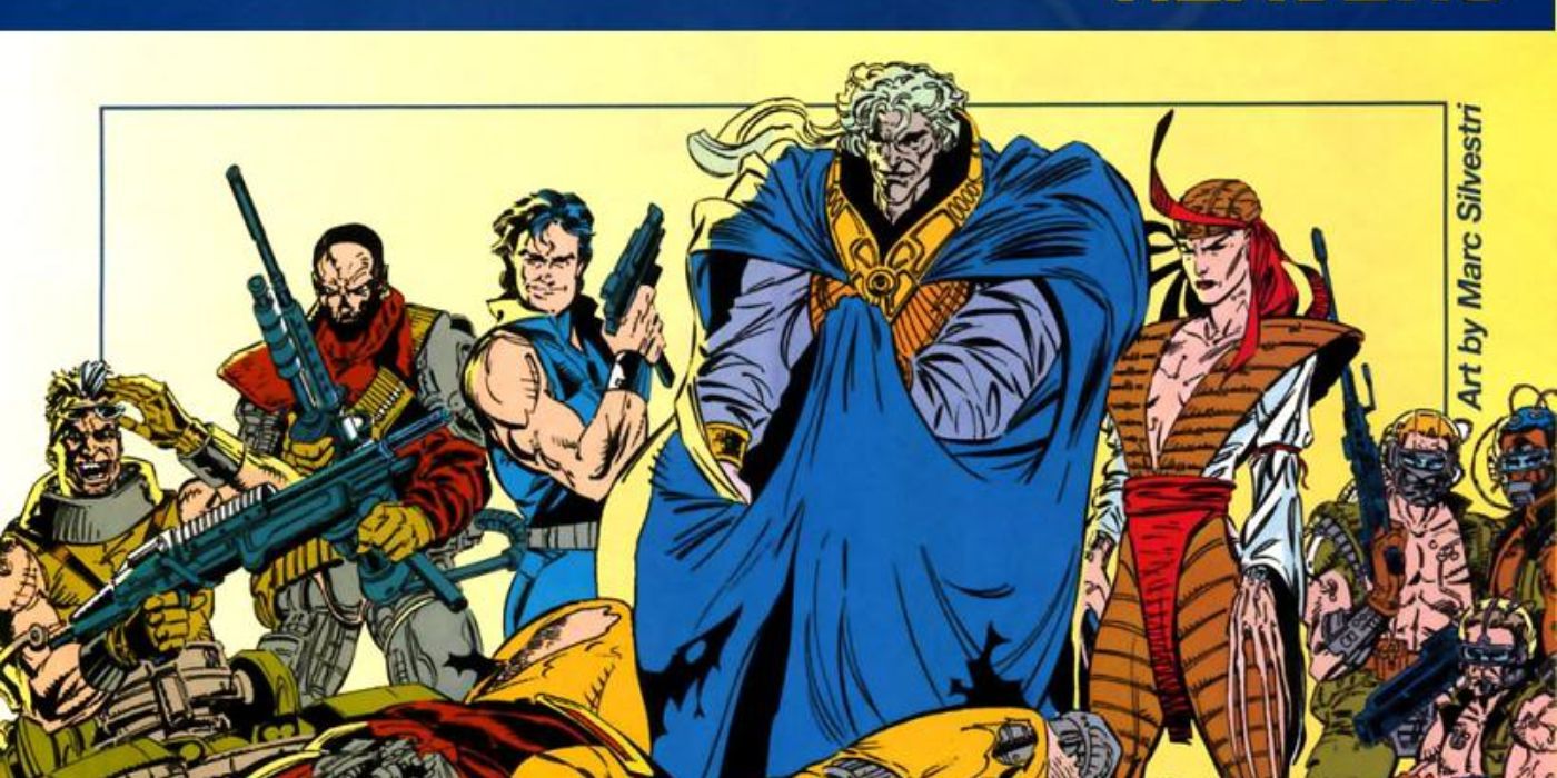 A line-up of the Reavers in Marvel Comics, including (right to left) Bonebreaker, Skullbuster, Pretty Boy, Donald Pierce, Deathstrike, Macon, Cole, and Reese