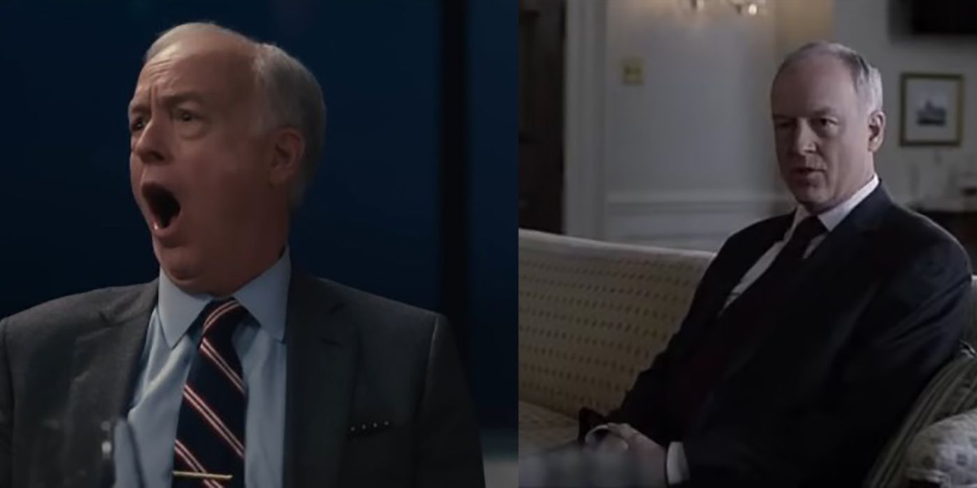 Split image of Reed Birney in The Menu and House of Cards.