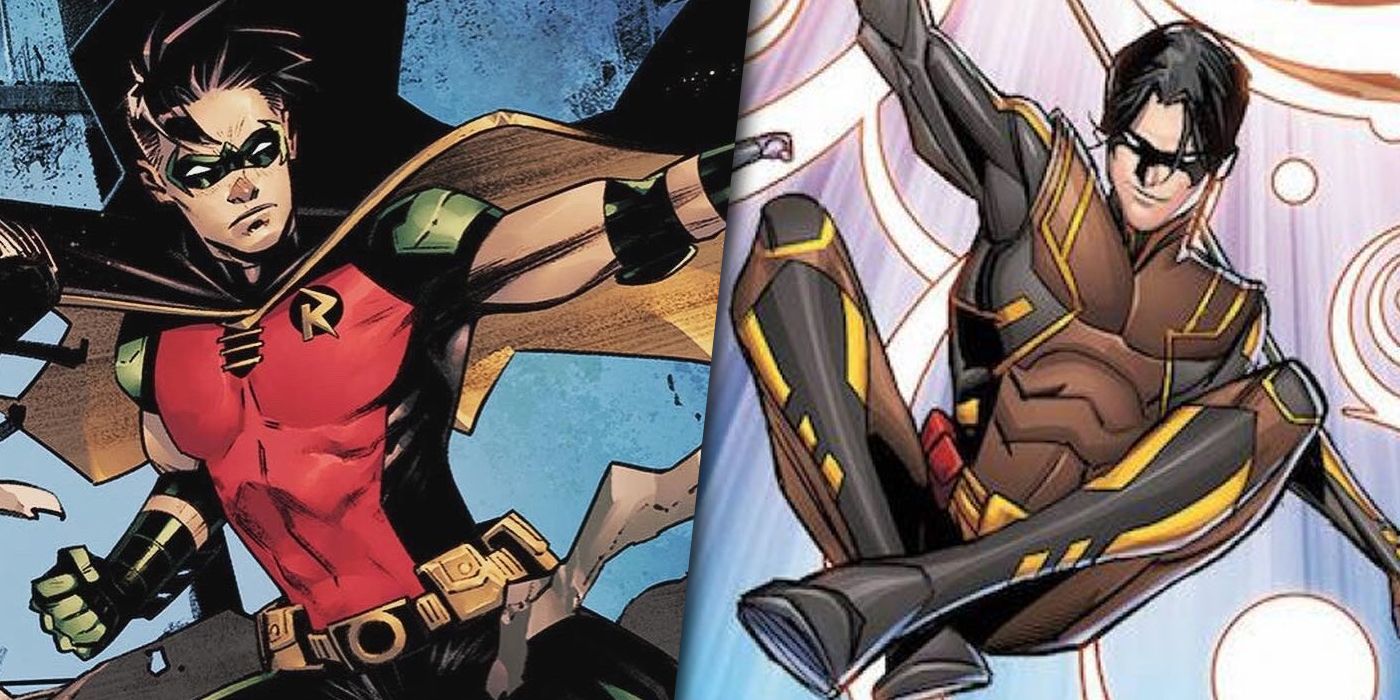 Robin in his original costume and his redesigned Drake suit split image