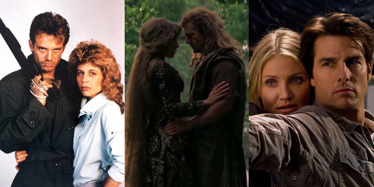 3-Image collage with Reese and Sarah form The Terminator, William and the Princess from Braveheart, and Tom Cruise and Cameron Diaz from Knight and Day