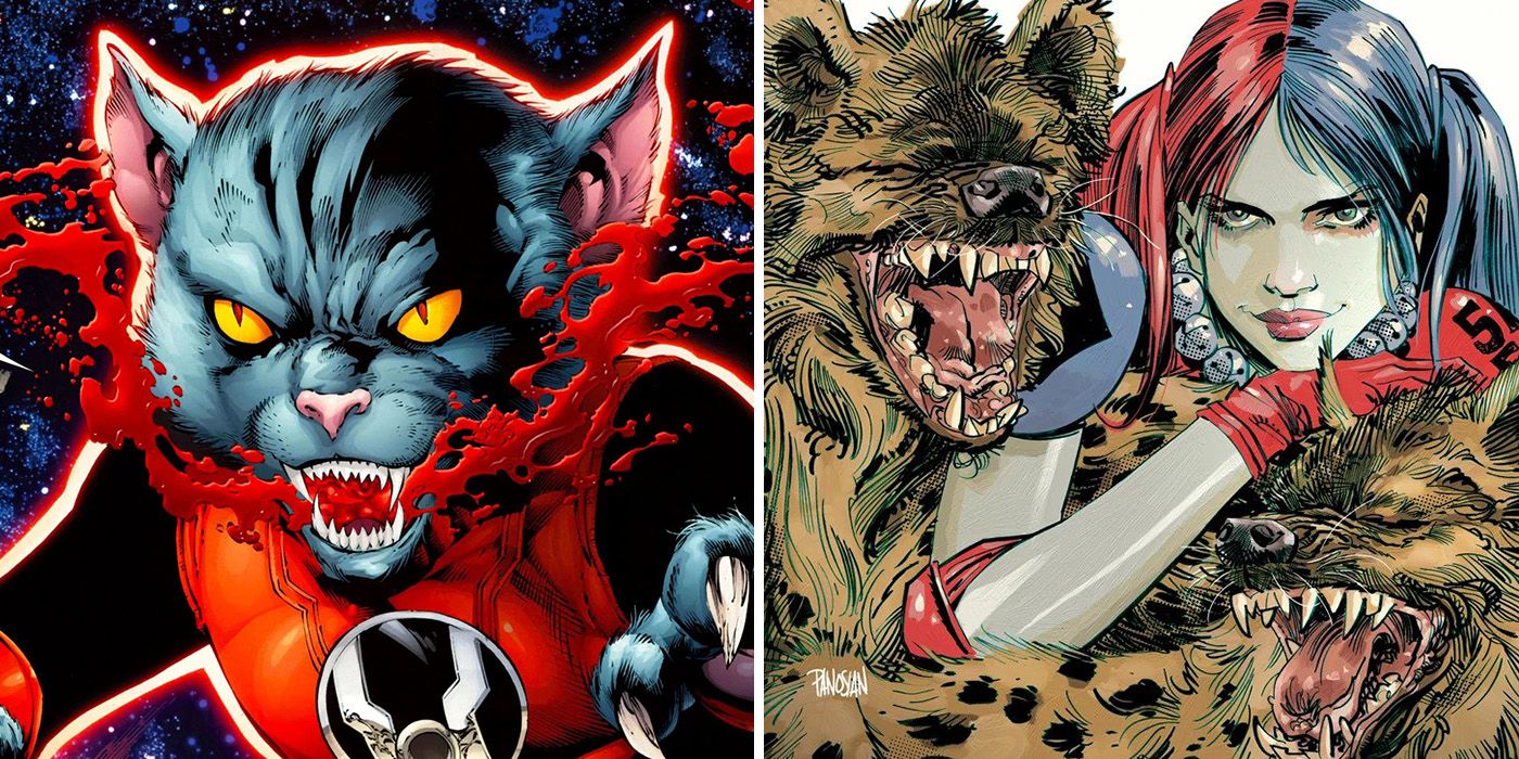 split image of Dex-starr and Harley Quinn and her hyenas in DC Comics