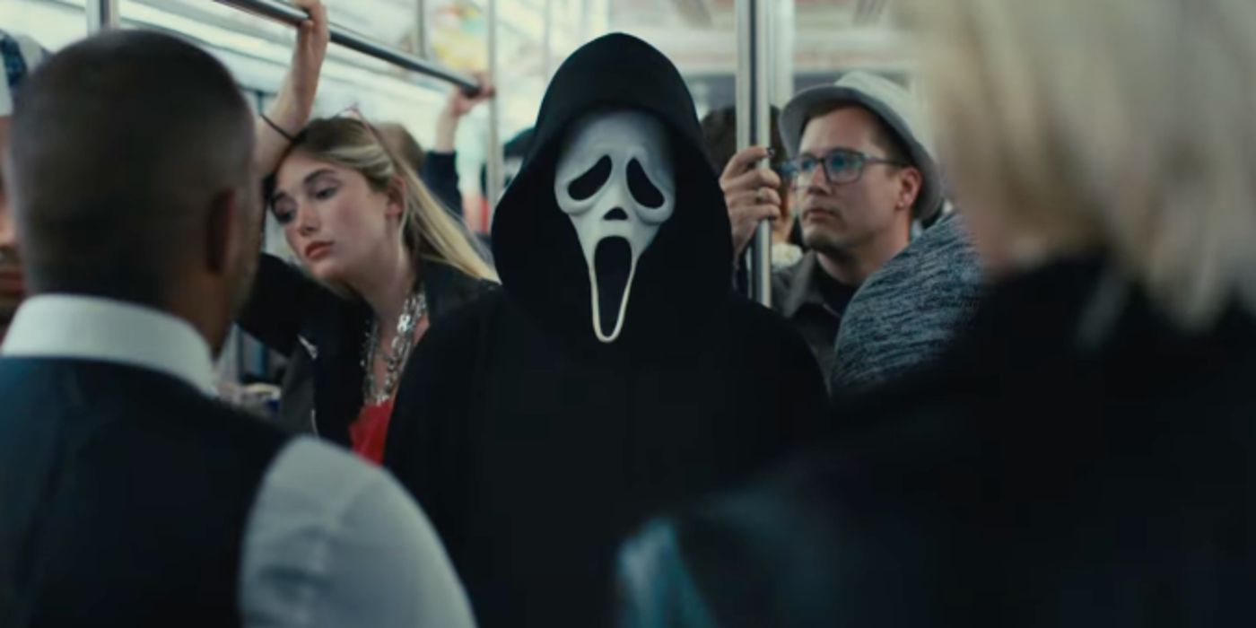 Ghostface hides on the NYC subway in Scream VI