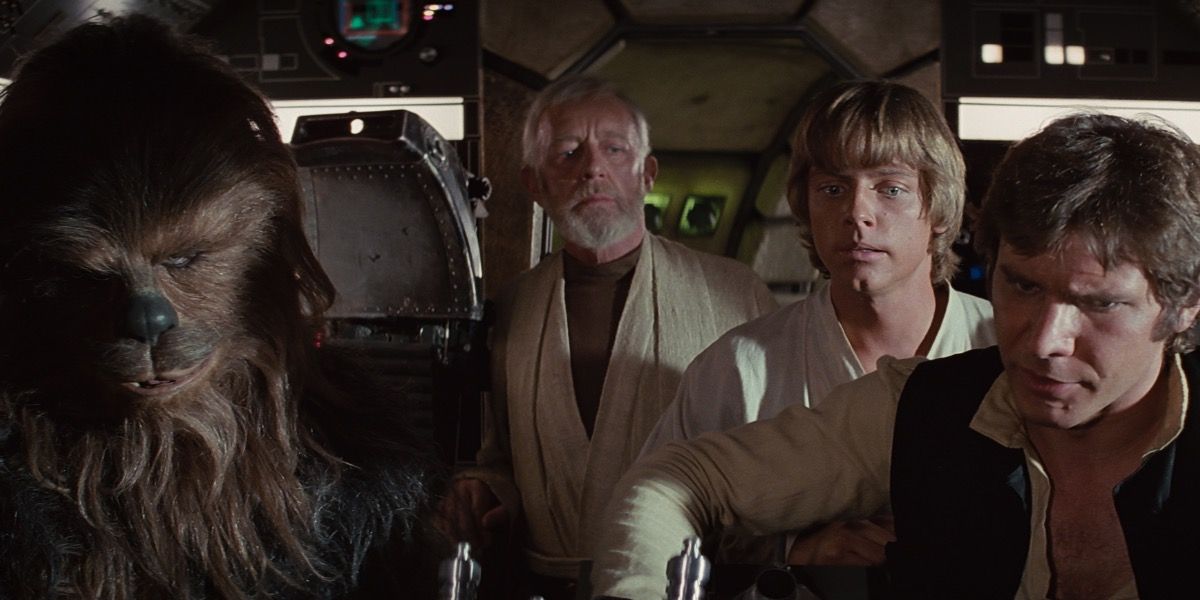 Chewbacca, Obi-Wan Kenovi, Luke Skywalker and Han Solo in the Millennium Falcon in Star Wars 1977