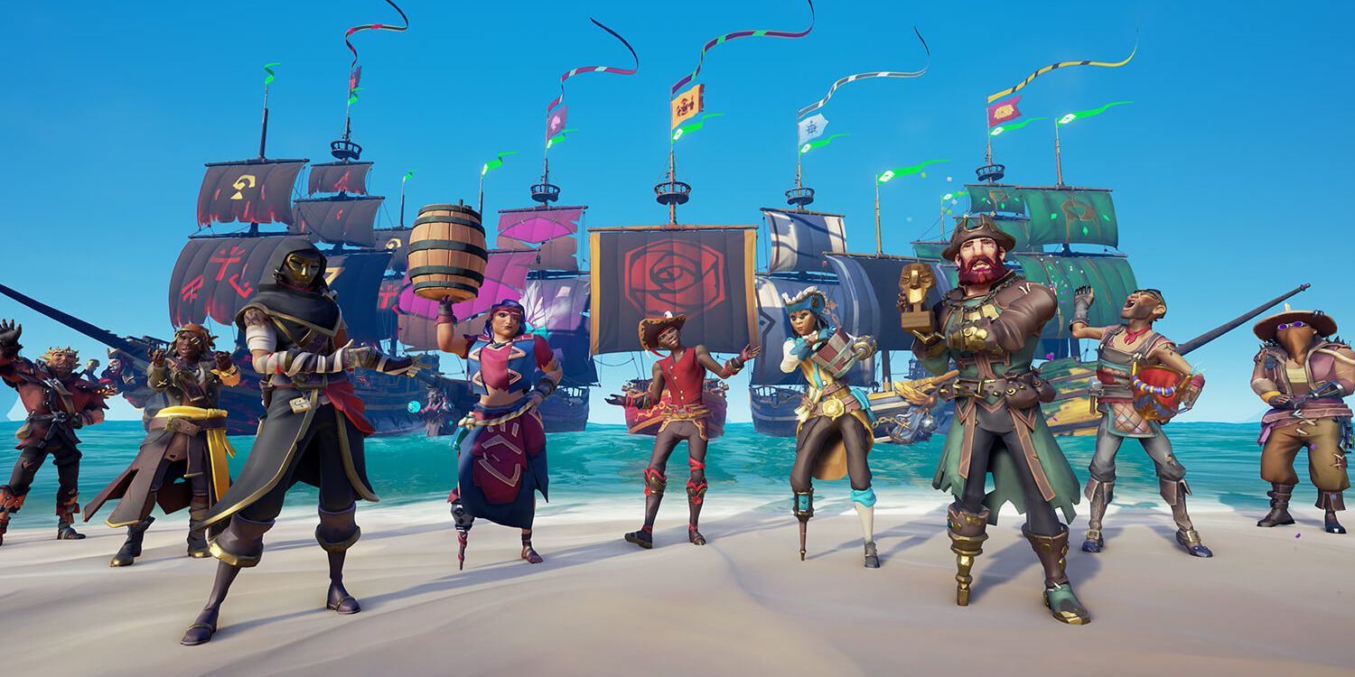 A group of ship captains pose on a beach with their ships behind them in Sea of Thieves