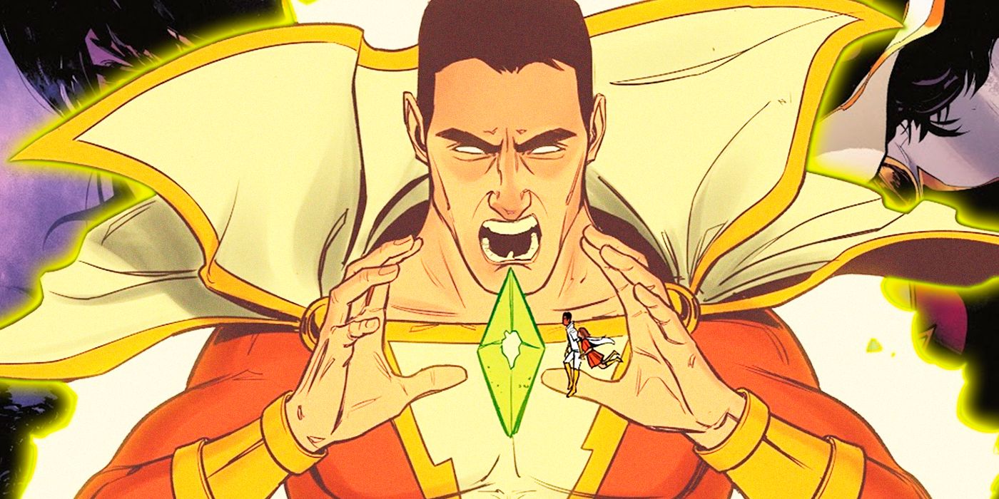 A giant Shazam focusing on a green diamond as Mary Marvel and Malik observe