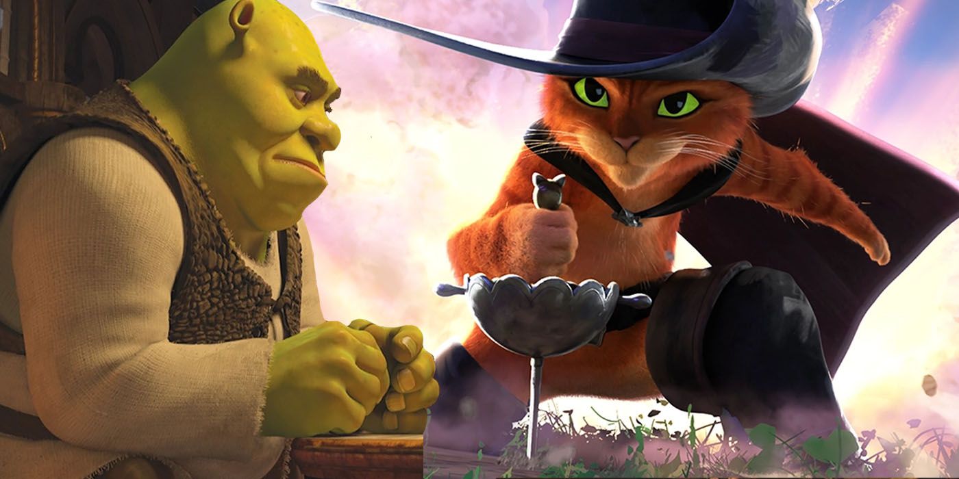 Shrek in Shrek Forever After next to Puss in Boots in The Last Wish