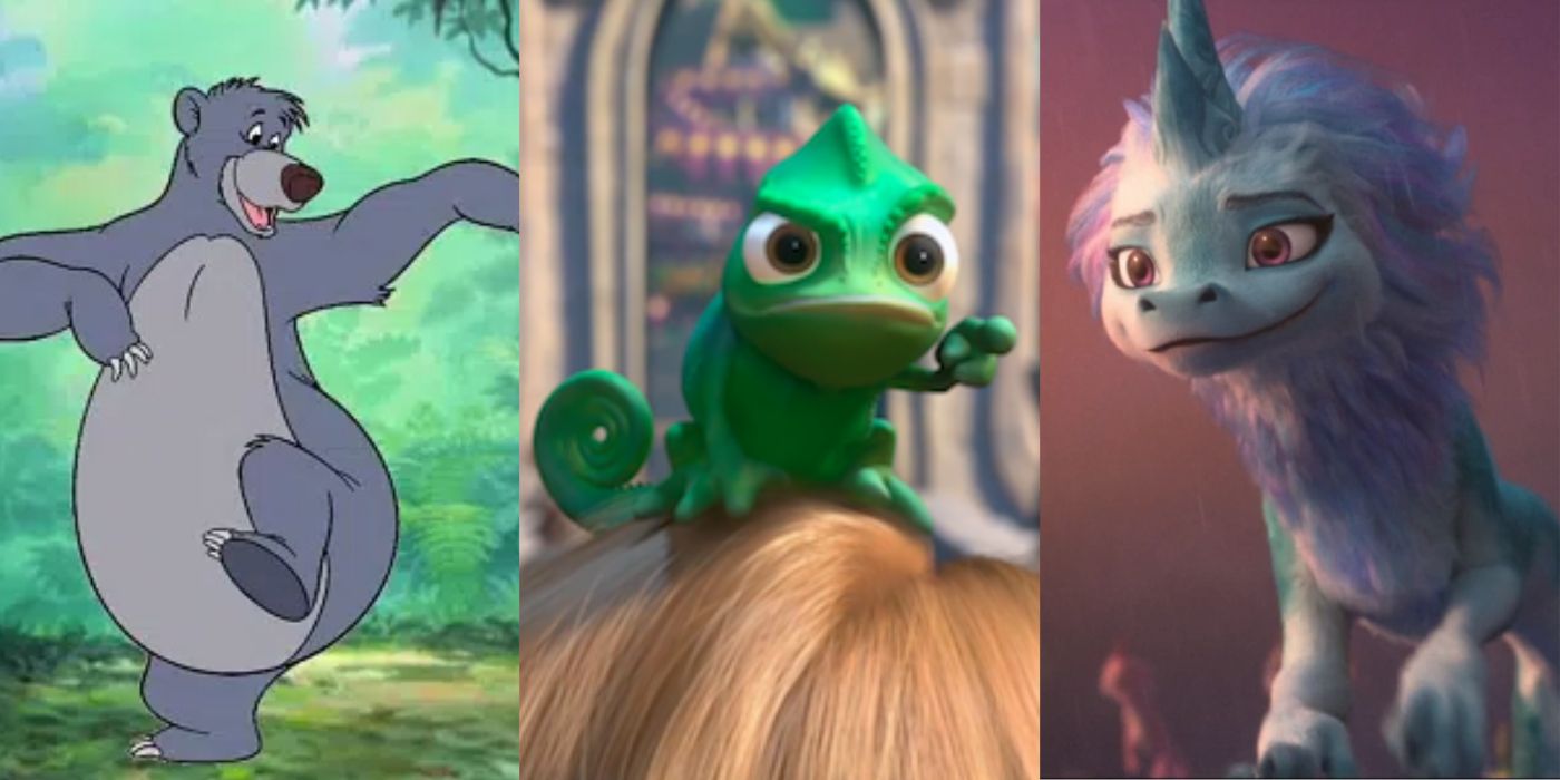 Baloo dancing in The Jungle Book, Pascal pointing his finger in Tangled, and Sisu from Raya and the Last Dragon. 