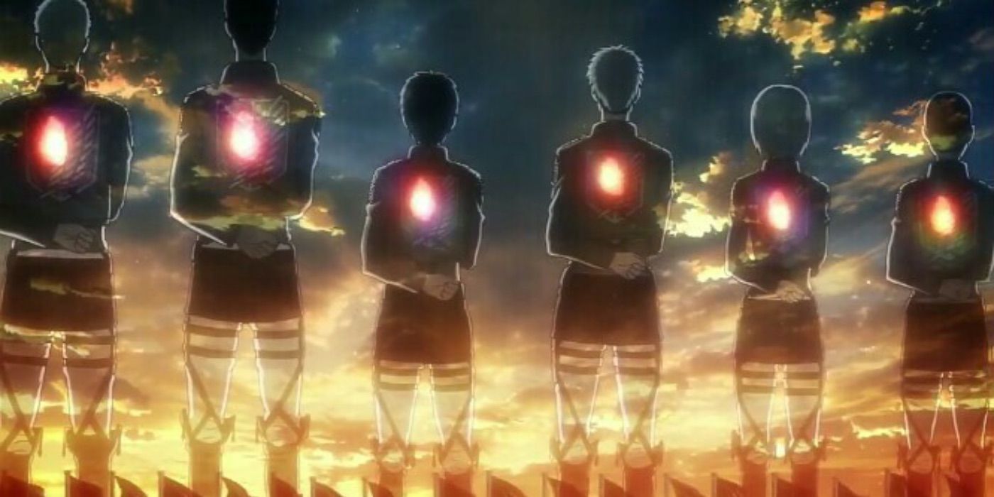 Silhouettes of the Survey Corps with their hearts glowing from Attack on Titan.
