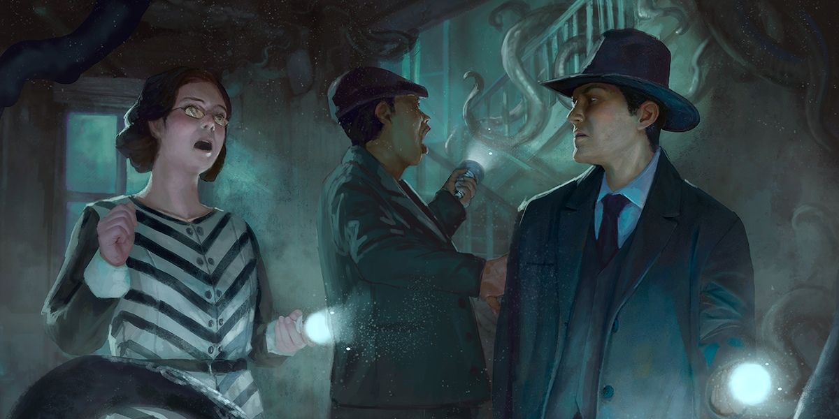 A group of investigators exploring a horror scene in Call of Cthulhu RPG