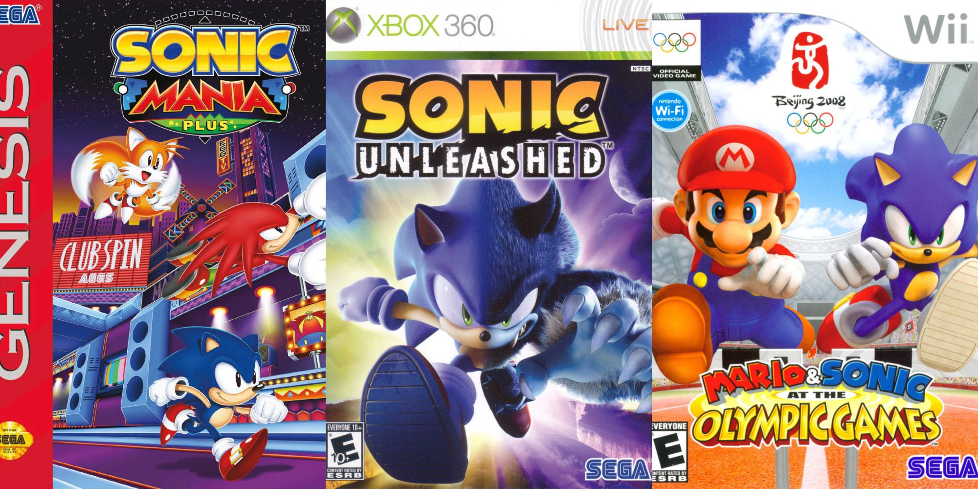 Split image of Sonic the Hedgehog game covers, including Sonic Mania Plus, Sonic Unleashed, and Mario & Sonic at the Olympics 