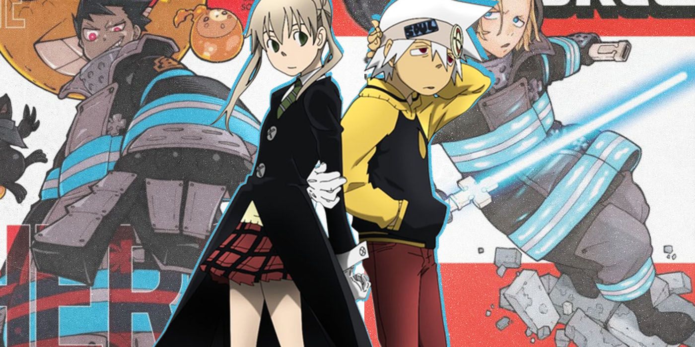 Soul Eater's Maka and Fire Force's Arthur back to back against a collage of their shared world.