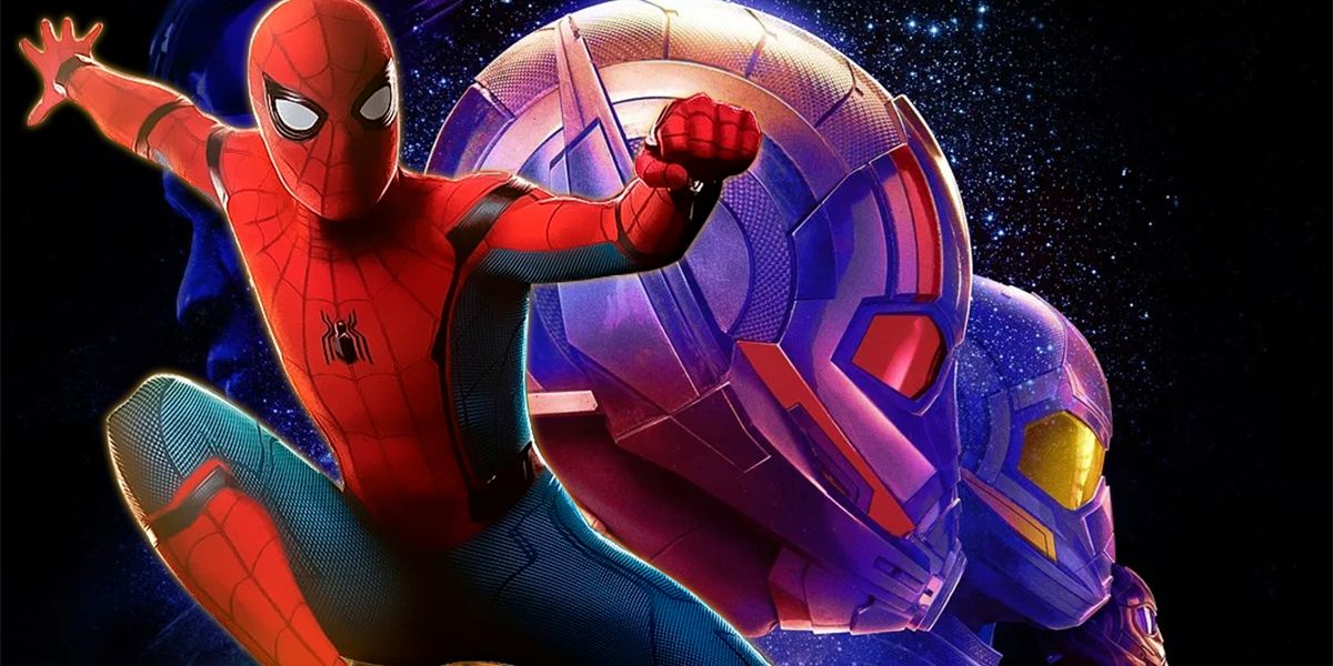 MCU Spider-Man in action pose over psychedelic Ant-Man 3 poster showing the heroes' helmets