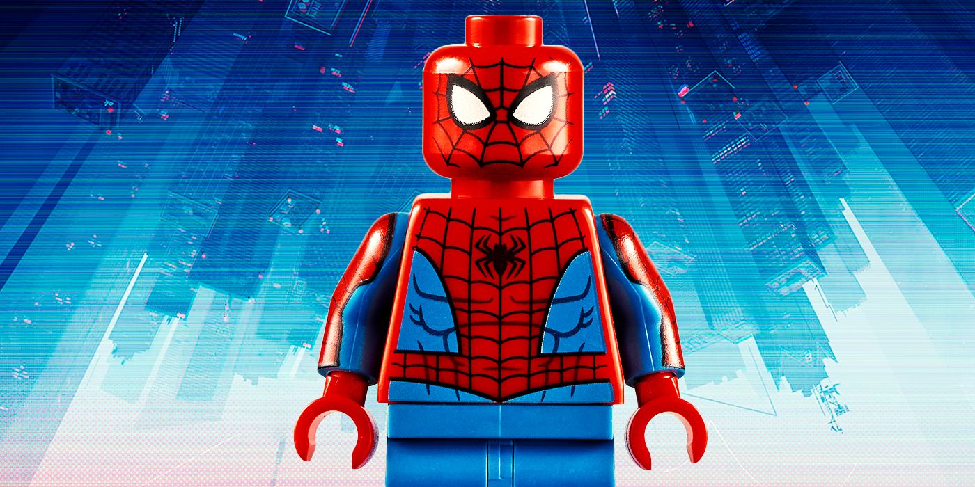 LEGO Spider-Man em frente a arranha-céus invertidos.