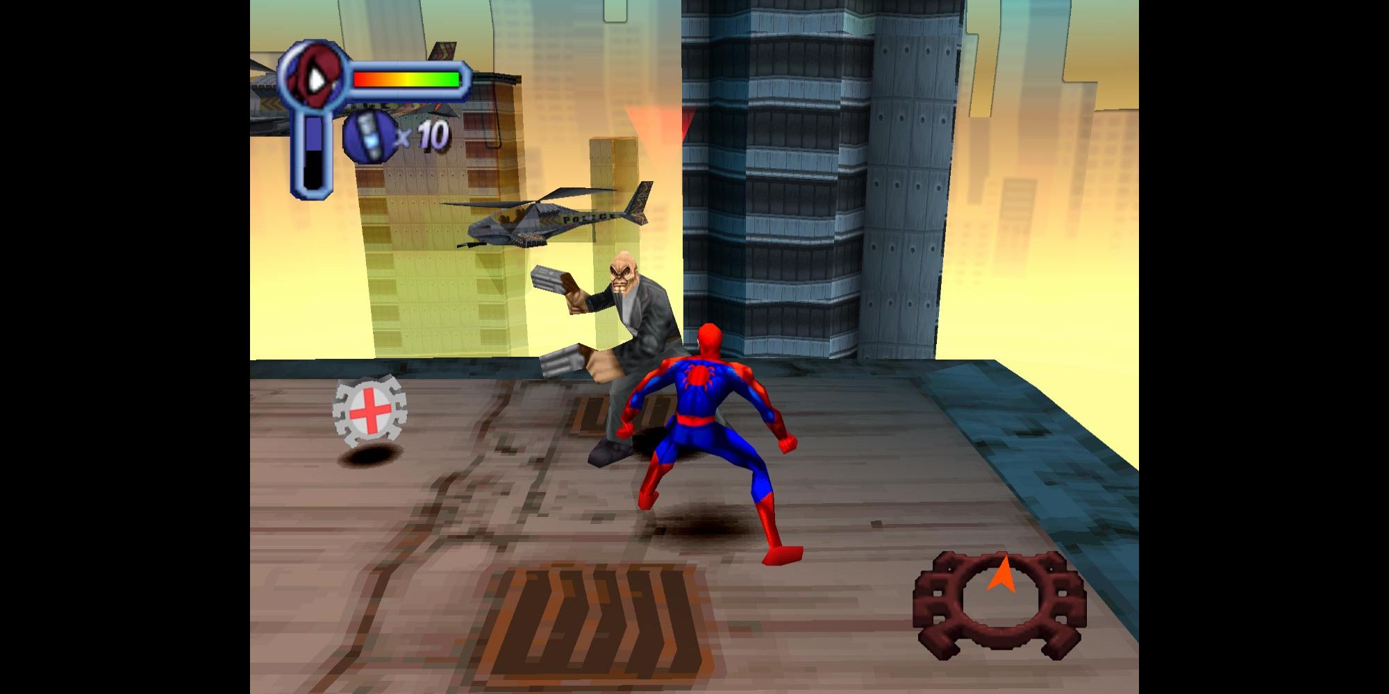 Spider-Man fights off an enemy with helicopters in the background in Spider-Man for PlayStation