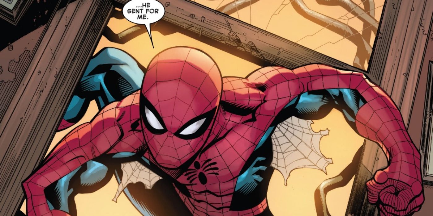 Spider-Man's clinging to a wall in Marvel Comics