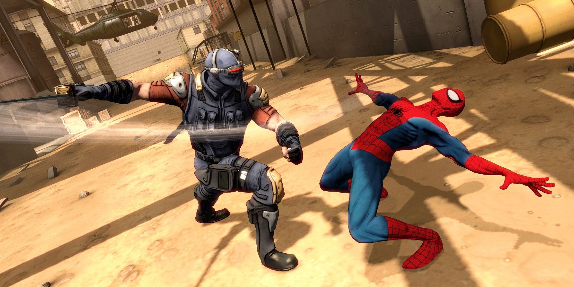Spider-Man utilizes his flexibility to dodge an enemy's attack in Spider-Man Shattered Dimensions