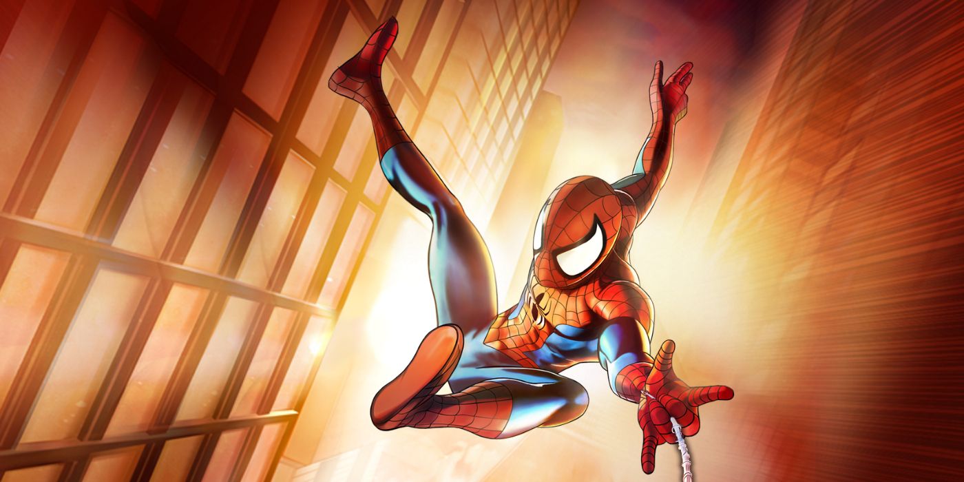Spider-Man swings through New York in the promotional artwork for Spider-Man Unlimited