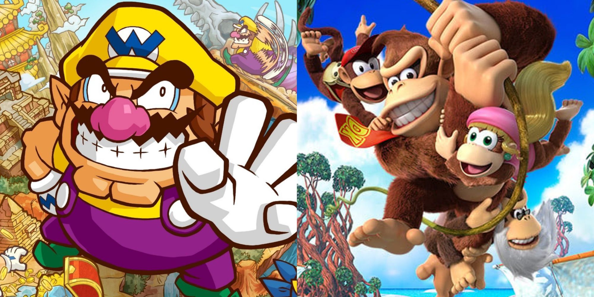 Split image of artwork for Wario Land and Donkey Kong Country